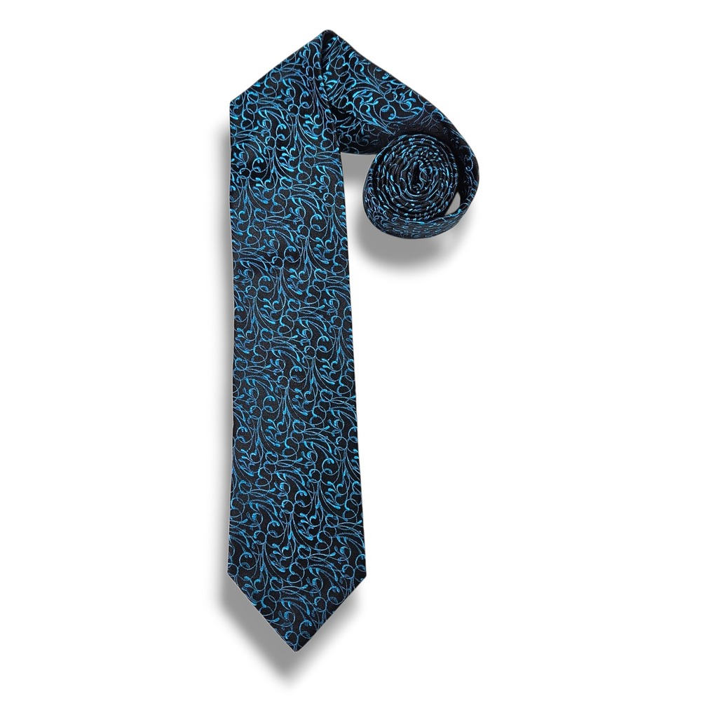 Alfani Silk Jacquard Scroll Tie Black Blue Swirl Formal Evening Statement OS